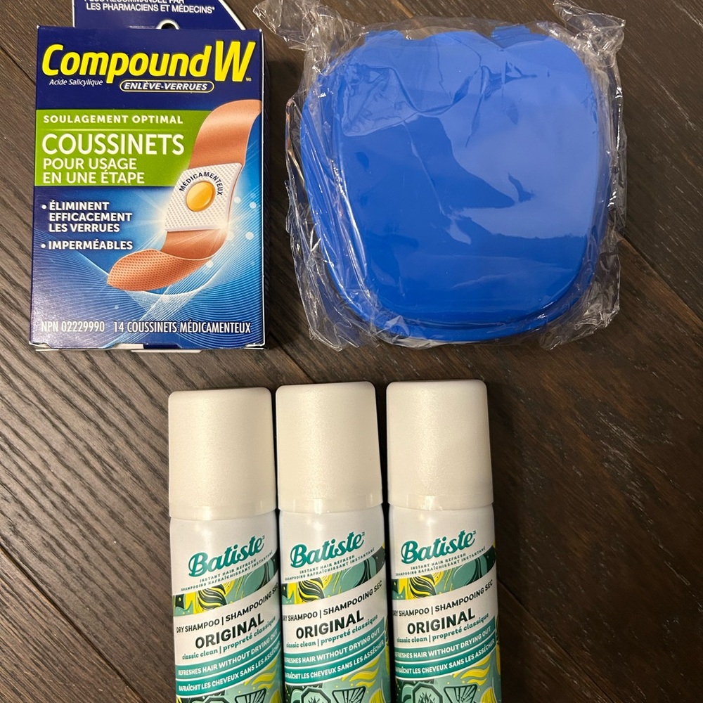 Brand new Set of 3 batiste travel dry shampoo + FREE compound h + retainer case!